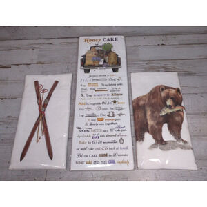 Lot of 3 Mary Lake Thompson Flour Sack Towels Honey Cake Bear Salmon Skis NEW